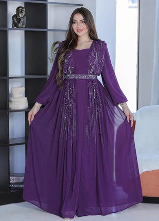 Women Long Loose Maxi Dress Muslim Dubai Women's Clothing Hot Diamond Belt Robe Dinner Dress