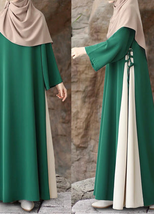 Muslim Women Modest Long Dress Patchwork Drawstring Arab Robe Vestidos Jalabiya Dubai Saudi Abayas Morocco Eid Ramadan Dresses