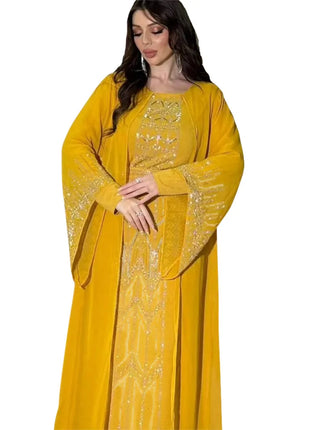 Eid Muslim Party Dress for Women Fake 2 Piece Diamond Ramadan Abaya Belt Flare Sleeve Kaftan Vestidos Largos Dubai Robe Jalabiya