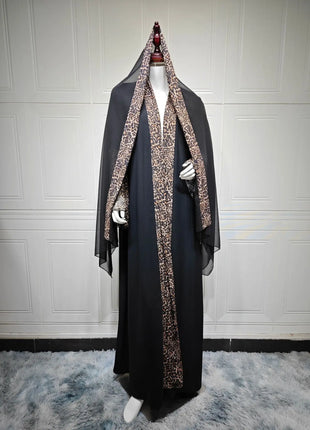 Eid Women Muslim Abaya Leopard Cardigan with Scarf Dress 2025 Vestidos Largos Caftan Robe Jalabiya Ramadan Morocco Dubai Kaftan