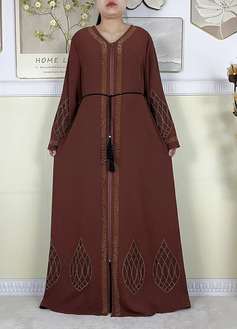 New Dubai Women Elegant Dress Diamonds Chiffon Open Abaya with Zipper Islamic Turkey Clothing Women Muslim Party Evening Dress