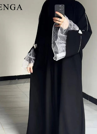 Summer Black Abaya for Muslim Women Elegant Dubai Modest Dress with Lace Sleeves Islamic Vacation Outfit 2025 Turkey Kaftan Robe