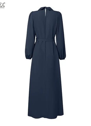 Elegant Muslim Dress Abaya ZANZEA Women 2025 Autumn Dresses Long Lantern Sleeve Pleated Sundress Belted Robe Femme Party Vestido