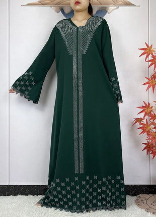 New Muslim Fashion Women Dress Chiffon Diamond Long Sleeves Casual Clothing African Abaya Women Robe Dubai Turkey Islamic Robe