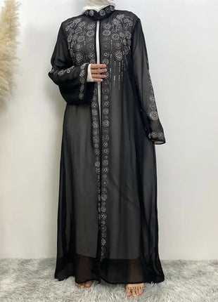 Diamond for Muslim Women Chiffon Open Cardigan Abaya Kimono Maxi Dress Turkey Dubai Arab Kaftan Eid Party Morocco Gowns Jalabiya