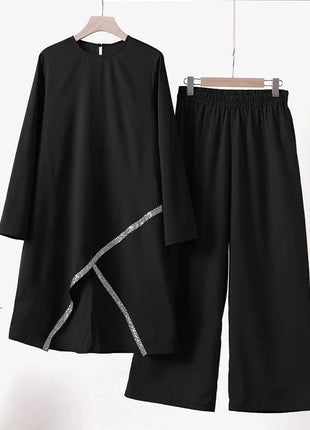 Women Eid Musulman Ensemble Muslim Sets Solid Blouses Wide Leg Pants Ramadan Morocco Two Pieces Dubai Kaftan Loose Modest