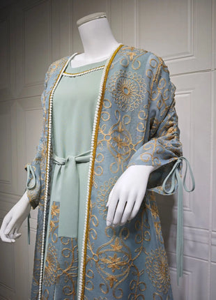 Eid Muslim Abayas for Women Party 2 Piece Set Embroidery Cardigan Robe Lace Up Dress Morocco Kaftan Islam Ramadan Dubai Vestidos
