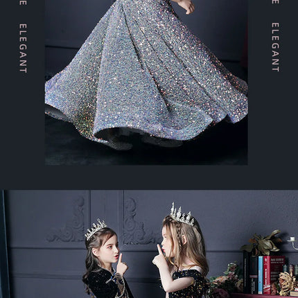 Girl's Western Style Evening Dress Flower Girl Sequined Catwalk Host Piano Performance Princess Dress