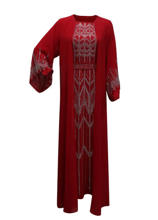 Eid Muslim Party Dress for Women Fake 2 Piece Diamond Ramadan Abaya Belt Flare Sleeve Kaftan Vestidos Largos Dubai Robe Jalabiya