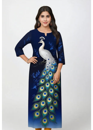Muslim Peacock Kurt Women's Fashion Comfortable Long Sleeve Straight Casual Ethnic Peacock Pattern Robe Musulman Femme