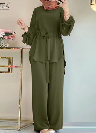ZANZEA Muslim Women Matching Sets Long Sleeve Solid Color Tops And Loose Pant Suits Elegant Fashion Casual Tracksuit Kaftan 2025
