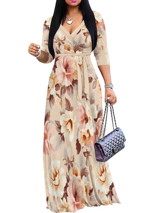 Floral V-Neck Wrap Dress - Tie Waist Flowy Midi Dress, Boho Summer Dress for Women