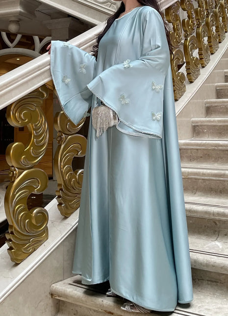 Muslim Women Abaya Dress 2 Piece Set Butterfly Satin Lace-up Morocco Caftan Inner Dress Musulman Ensembles Cadigan Outfit Suits