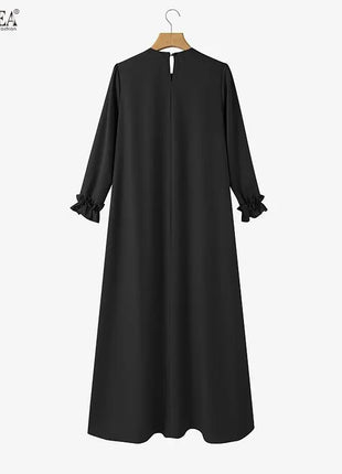 ZANZEA Women 2026 Spring O Neck Long Sleeve Dresses Elegant Muslim Abaya Dress Ramadan Robe Stylish Flounce Maxi Dresses Kaftan