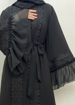 Fashion Lace Stitching Muslim Abaya Dubai Full Length Flare Sleeve Lace Abaya Dubai Turkey Muslim Islam Robe With Belt WY1391