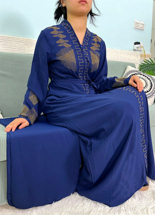 Muslim Chiffon Abayas For Women 2024 Dubai Islam Loose Fit  Femme Robe Long Sleeved Diamond Studded Solid Color With Belt Turban