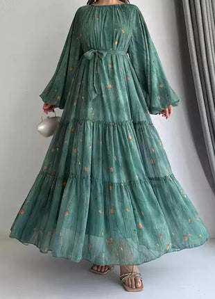 Eid Muslim Abaya Dress for Women Print Chiffon Sashes Jalabiya Kaftan Islam Vestidos Largo Arab Long Robe Ramadan Morocco Abayas