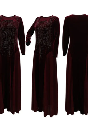 Women Dubai Arab Muslim Velvet Chiffon Splicing Diamond Evening Dress Jalabia Women's Clothing Abaya Robe