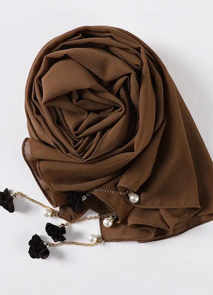 Fashion Flowers Pearl Tassel Chiffon Long Scarf Hijabs Elegant Womens Party Turban Headwear Solid Color Headscarf Shawls Scarves