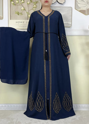 New Dubai Women Elegant Dress Diamonds Chiffon Open Abaya with Zipper Islamic Turkey Clothing Women Muslim Party Evening Dress