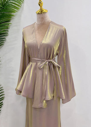 Ramadan Satin Abaya Dubai Turkey Islam Muslim Modest Dress Sets Prayer Clothes For Women Kaftan Robe Femme Musulmane