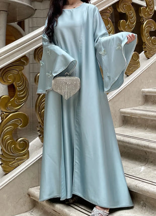 Muslim Women Abaya Dress 2 Piece Set Butterfly Satin Lace-up Morocco Caftan Inner Dress Musulman Ensembles Cadigan Outfit Suits