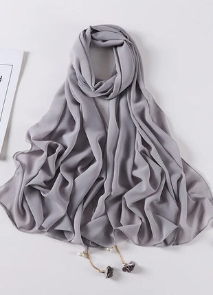 Fashion Flowers Pearl Tassel Chiffon Long Scarf Hijabs Elegant Womens Party Turban Headwear Solid Color Headscarf Shawls Scarves
