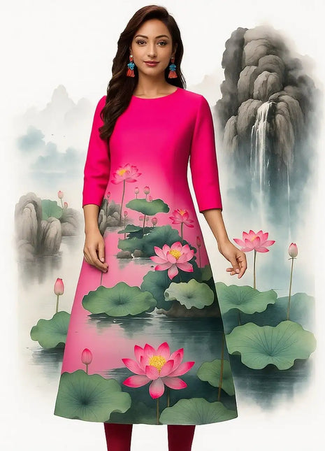 Muslim Women's Kurt Fashionable And Elegant Flowers Straight Tube Casual Comfortable Dress 2026 Abito Donna Musulmana Slit hem