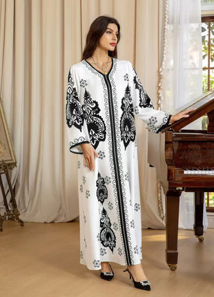 Long Dress Abayas Women Eid Muslim Dresses Bronzing Print V Neck Jalabiya Arab Morocco Dubai Kaftan 2025 Vestidos Ramadan Robe