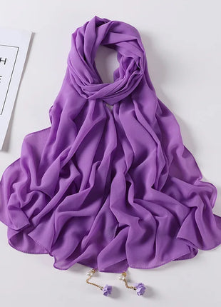 Fashion Flowers Pearl Tassel Chiffon Long Scarf Hijabs Elegant Womens Party Turban Headwear Solid Color Headscarf Shawls Scarves