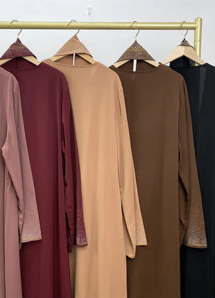 Hot Selling Ramadan Rhinestone Cardigan Islamic Dresses With Pockets Kebaya Muslim Kimono Abaya Dubai Modest Clothing Women EID