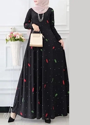 Muslim Leaf Pattern Long Sleeve Dress for Women Casual Bohemian Polka Dot Print Holiday Muslim Dress Full Length Abayas Dubai