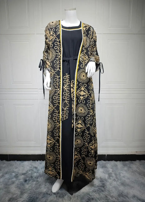 Eid Muslim Abayas for Women Party 2 Piece Set Embroidery Cardigan Robe Lace Up Dress Morocco Kaftan Islam Ramadan Dubai Vestidos