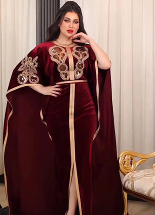 Ramadan Luxury Muslim Fashion Bat Sleeve Moroccan Turkiye Dubai Dress Middle East Arab Dress Sequins Golden Velvet Long Dress