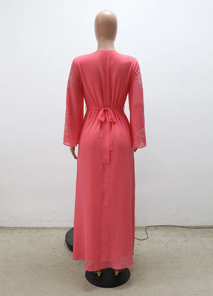 Women's Long Sleeve Polyester Abaya — Diamond Detail V-Neck Dress