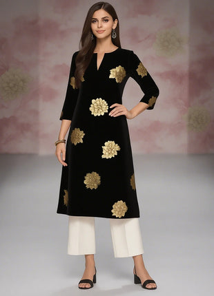 Muslim Kurt Casual Fashion Dress Long Sleeved Straight Tube Casual Ethnic Flower Abaya Women Muslim Dress flower sleeve abaya