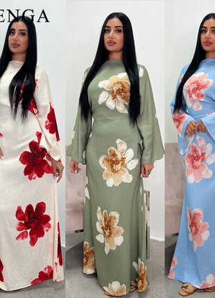 Arabesque Bell Sleeve Flowy Maxi Abaya Dress Elegant Floral Print Muslim Modest Long Dress Islamic Vacation Outfit Summer Robe