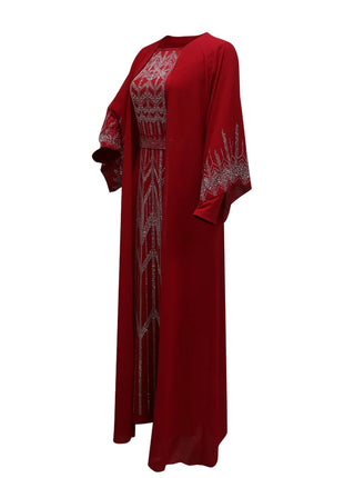 Eid Muslim Party Dress for Women Fake 2 Piece Diamond Ramadan Abaya Belt Flare Sleeve Kaftan Vestidos Largos Dubai Robe Jalabiya