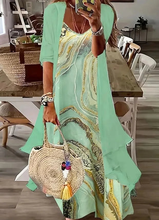 Independent Stand Floral Print Women's Dress Two-Piece Set Short Sleeve Ankle-Length Polyester Fiber Regular Waist Line