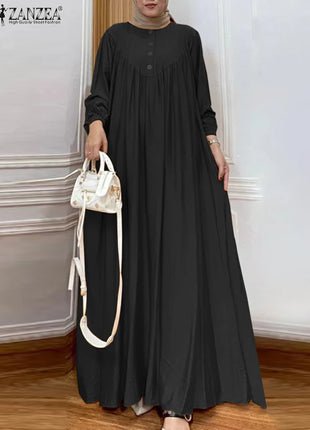 ZANZEA Solid Muslim Fashion Islamic Dress Women's Vintage Turkey Abaya Robe Long Sleeve Hijab O Neck Pleated Loose Kebaya 2025