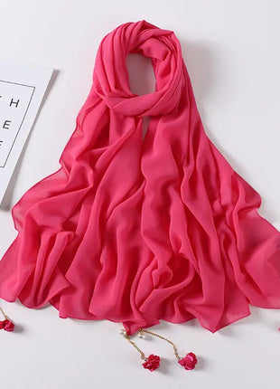 Fashion Flowers Pearl Tassel Chiffon Long Scarf Hijabs Elegant Womens Party Turban Headwear Solid Color Headscarf Shawls Scarves