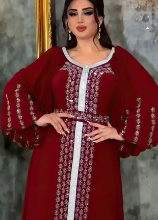 Abaya Muslim Women Party Dresses Chiffon Sequins Jalabiya Ramadan Eid Morocco Islam Sashes Vestidos Arab Long Robe Dubai Kaftan