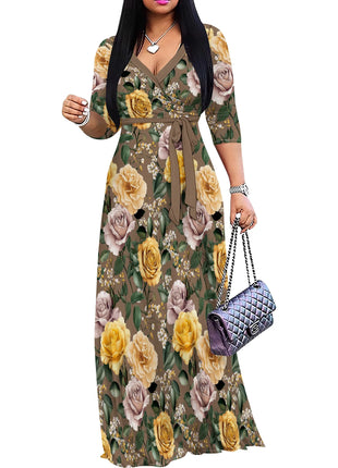 Floral V-Neck Wrap Dress - Tie Waist Flowy Midi Dress, Boho Summer Dress for Women
