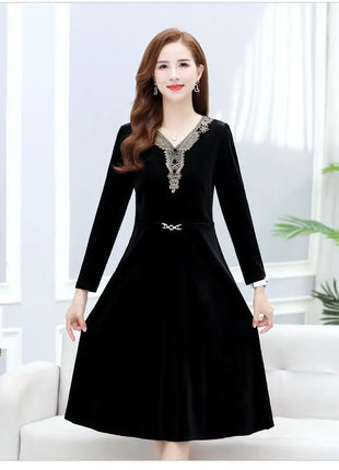 Elegant Purple Velvet Dress With Embroidered Lace V Neck And Belted Waist For Women Autumn Winter Casual Wear