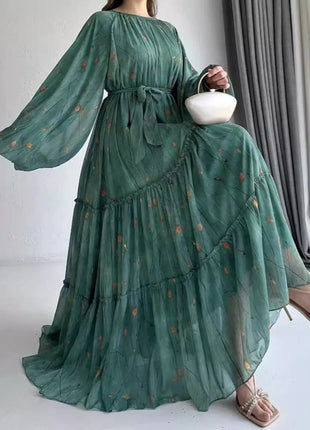 Eid Muslim Abaya Dress for Women Print Chiffon Sashes Jalabiya Kaftan Islam Vestidos Largo Arab Long Robe Ramadan Morocco Abayas