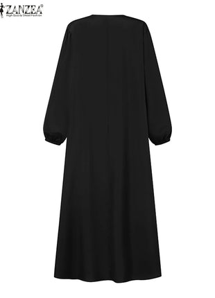 ZANZEA Solid Muslim Fashion Islamic Dress Women's Vintage Turkey Abaya Robe Long Sleeve Hijab O Neck Pleated Loose Kebaya 2025