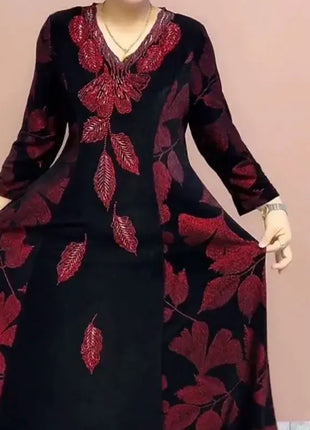 Female Clothing Elegant V-Neck Dresses Autumn Winter Casual A-Line Waist Vintage Printing Commute Fashion Diamonds Long Dress