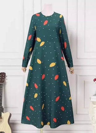 Muslim Leaf Pattern Long Sleeve Dress for Women Casual Bohemian Polka Dot Print Holiday Muslim Dress Full Length Abayas Dubai