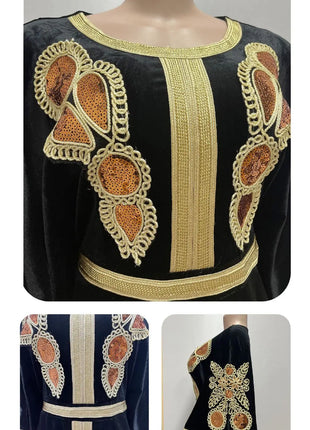 Ramadan Luxury Muslim Fashion Bat Sleeve Moroccan Turkiye Dubai Dress Middle East Arab Dress Sequins Golden Velvet Long Dress