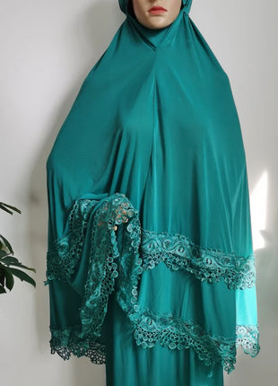 Ramadan  Long Khimar Muslim Abaya Women Prayer Garment Saudi Prayer Dress Lace Trim Silky 2 Piece Skirt Sets Eid Niqab jilbab